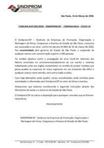 Leia mais sobre o artigo Comunicado SINDIPROM-SP 002/2020 sobre o Coronavirus