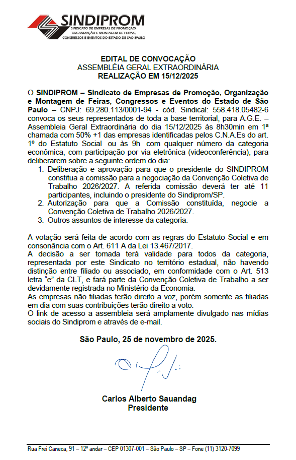 Convocação Assembleia Geral Extraordinária Sindiprom SP 15/12/2025 – 9h.